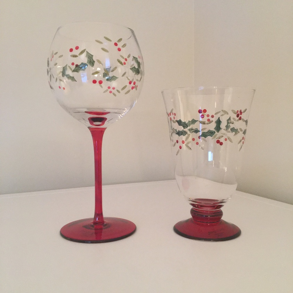 Winterberry Hand Painted Wine and Water Goblets By Pfaltzgraff
